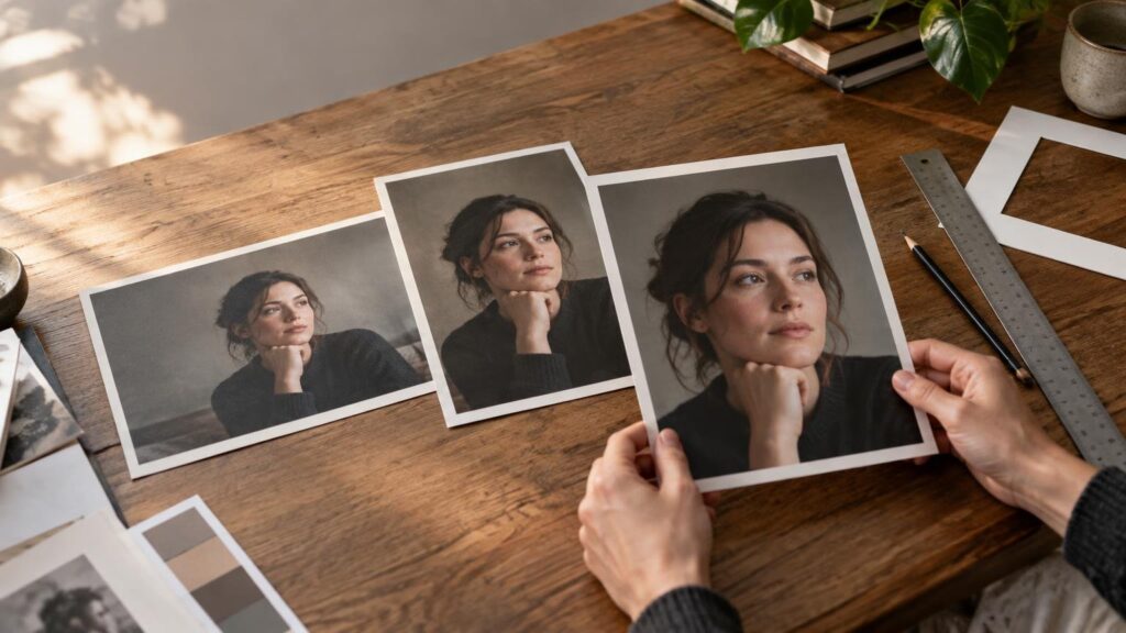 Overhead view of hands arranging three differently cropped portrait prints of the same woman on a wooden table, beside a metal ruler, pencil, paper frame, books, and a plant.