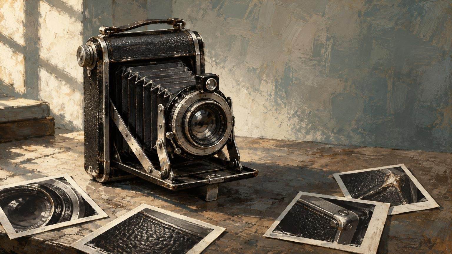 Painterly horizontal scene of a black vintage folding bellows camera on a worn tabletop beside a sunlit window, with several loose black-and-white camera detail prints in the foreground.