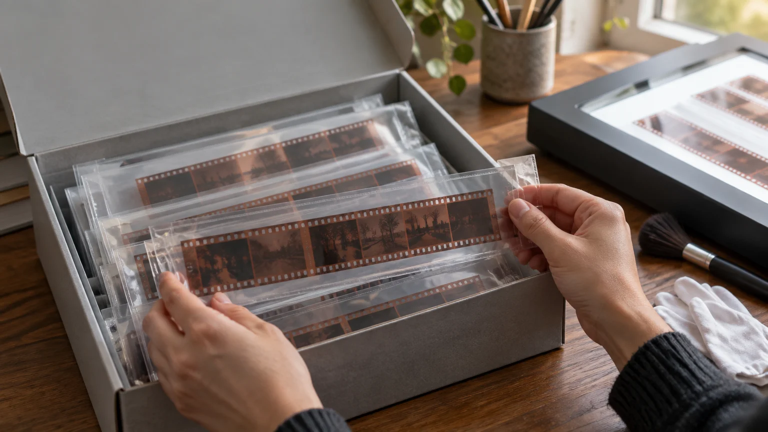 Hands hold a sleeved strip of 35mm film negatives above an open box of organized negative sleeves on a wooden desk, beside a flatbed scanner, soft brush, and white gloves.