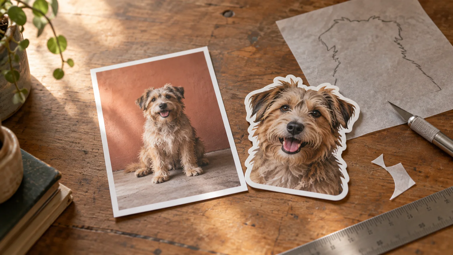 Warmly lit overhead still life on a worn wooden table showing a printed portrait of a shaggy dog beside a closely cropped die-cut dog sticker, tracing paper with a hand-drawn outline, a craft knife, ruler, paper scraps, and a trailing plant.