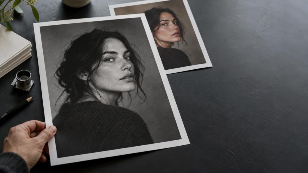 Overhead view of a hand holding a large black-and-white portrait print beside a smaller color version of the same woman on a dark work surface, with a pencil, camera lens, paper stack, and greenery nearby.