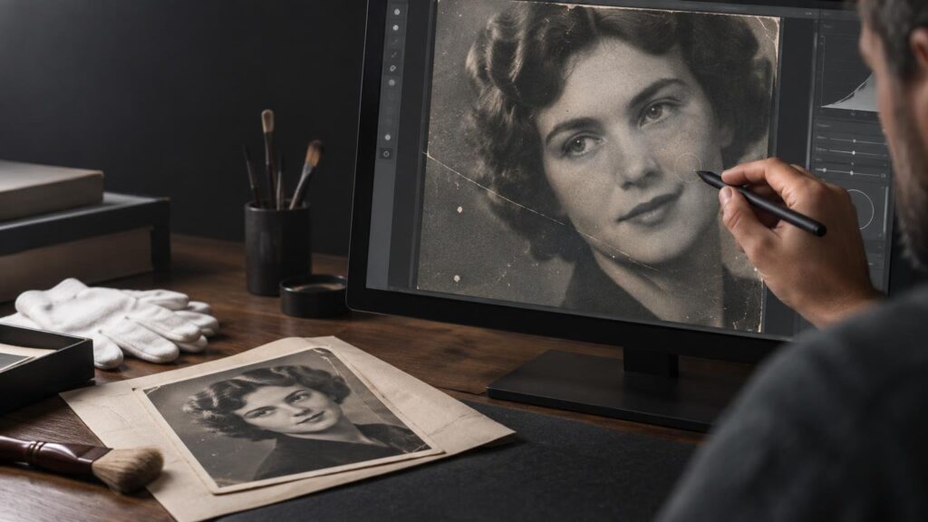 A person uses a stylus to retouch a scratched vintage portrait on a large monitor, with the original printed photograph, cotton gloves, brushes, and archival materials on a desk.